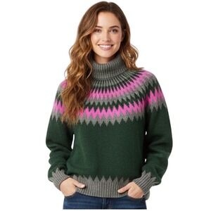 Jumper Sz 2/M Wool Cashmere Turtleneck Sweater Fair Isle Pattern Green Pink Gray